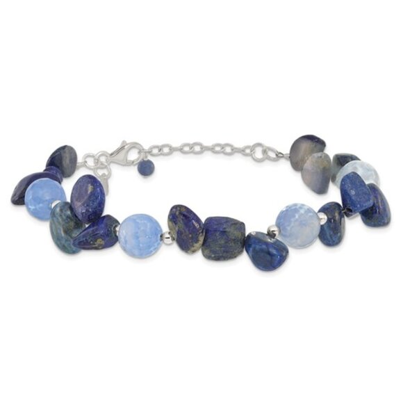 925 Sterling Silver Agate with Shell, Lapis and Sodalite Bracelet w 1 inch ext. - Picture 3 of 6